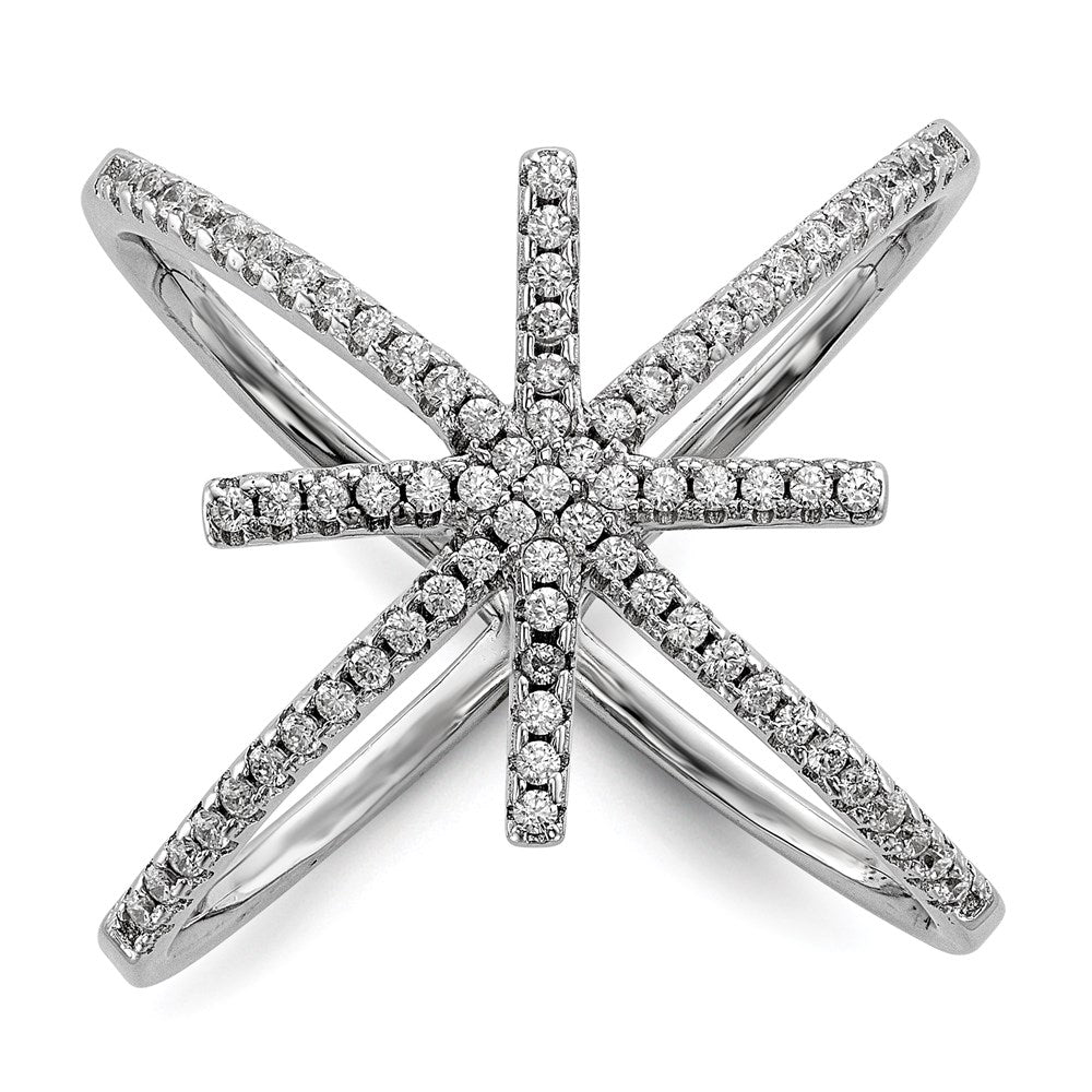 Sterling Silver Rhodium Plated Cz Star Criss Cross Ring