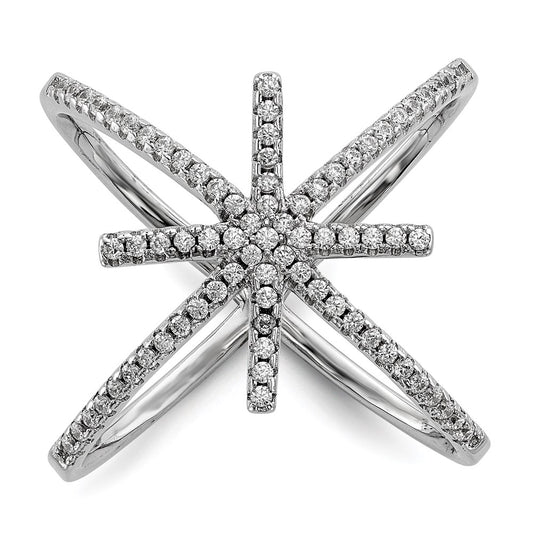 Sterling Silver Rhodium Plated Cz Star Criss Cross Ring