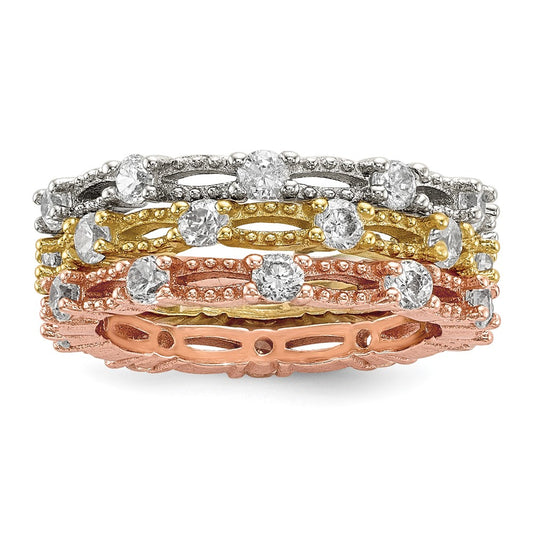 Sterling Silver White Yellow & Rose Tone Set Of 3 Cz Eternity Rings (Size 8 Only)