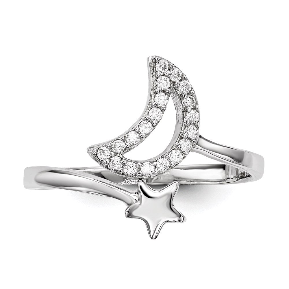 Sterling Silver Rhodium Plated Cz Moon And Star Ring