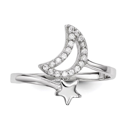 Sterling Silver Rhodium Plated Cz Moon And Star Ring