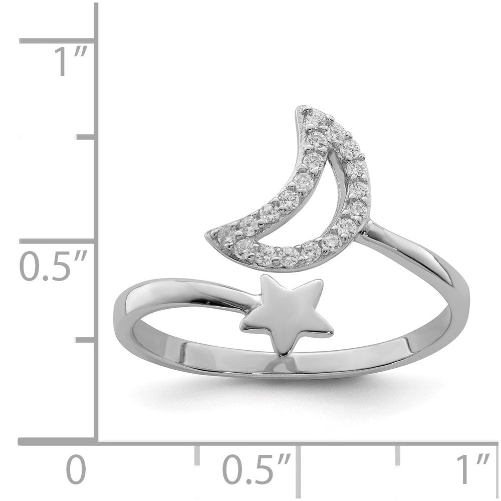Sterling Silver Rhodium Plated Cz Moon And Star Ring