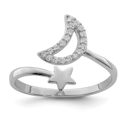 Sterling Silver Rhodium Plated Cz Moon And Star Ring
