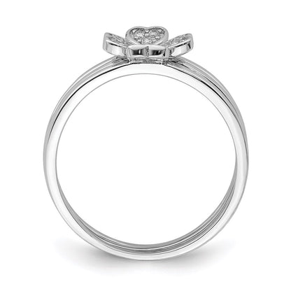 Sterling Silver Rhodium Plated Cz Heart Clover 3 Ring Set