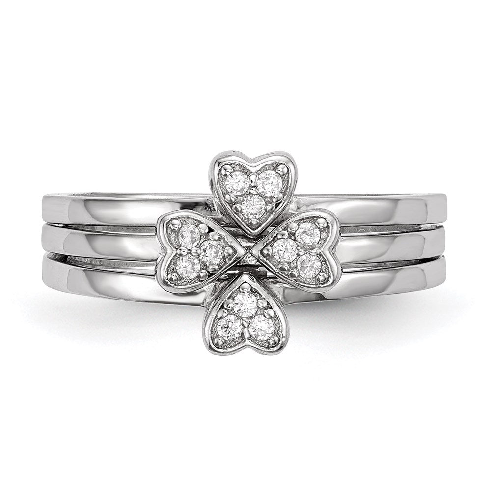 Sterling Silver Rhodium Plated Cz Heart Clover 3 Ring Set