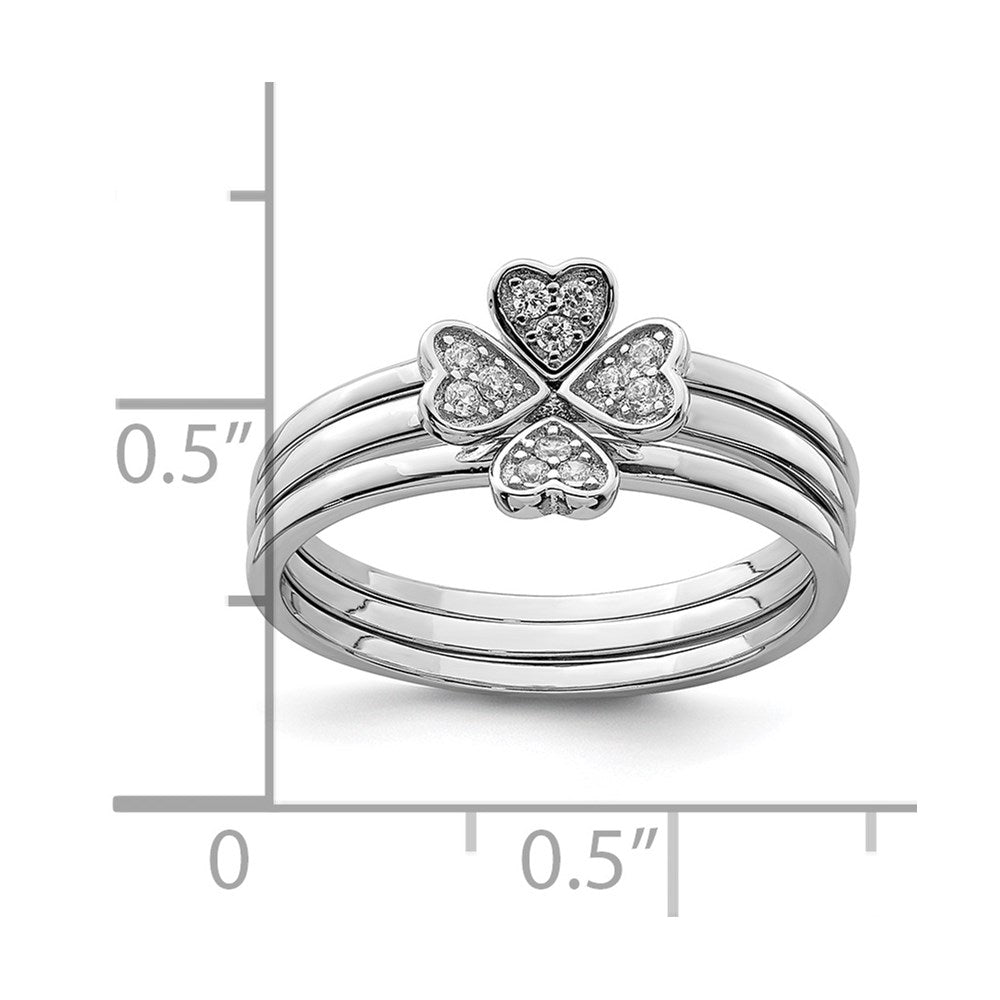 Sterling Silver Rhodium Plated Cz Heart Clover 3 Ring Set