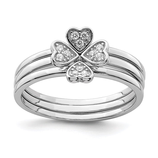 Sterling Silver Rhodium Plated Cz Heart Clover 3 Ring Set