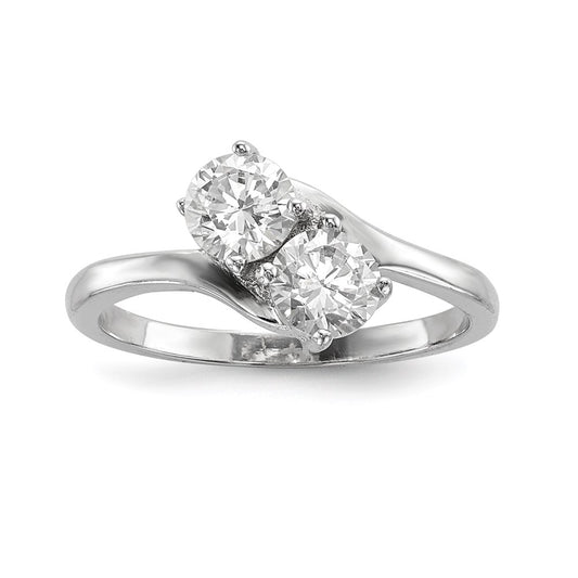 Sterling Silver Rhodium Plated Cz Two Stone Polished Ring