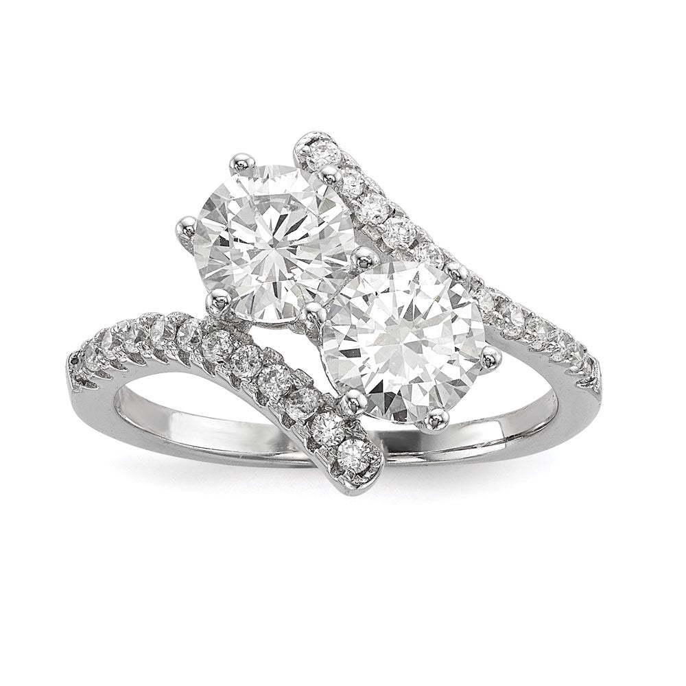 Sterling Silver Rhodium Plated Cz Two Stone Round Bypass Ring