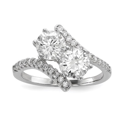 Sterling Silver Rhodium Plated Cz Two Stone Round Bypass Ring