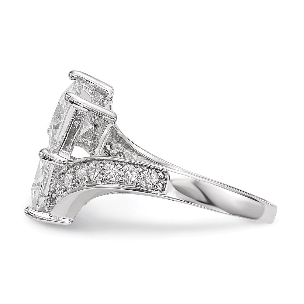 Sterling Silver Rhodium Plated Cz Two Stone Square Bypass Ring