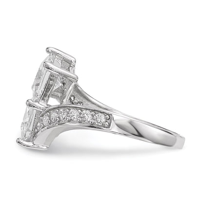 Sterling Silver Rhodium Plated Cz Two Stone Square Bypass Ring