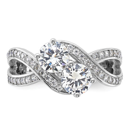 Sterling Silver Rhodium Plated Cz Two Stone Polished Ring