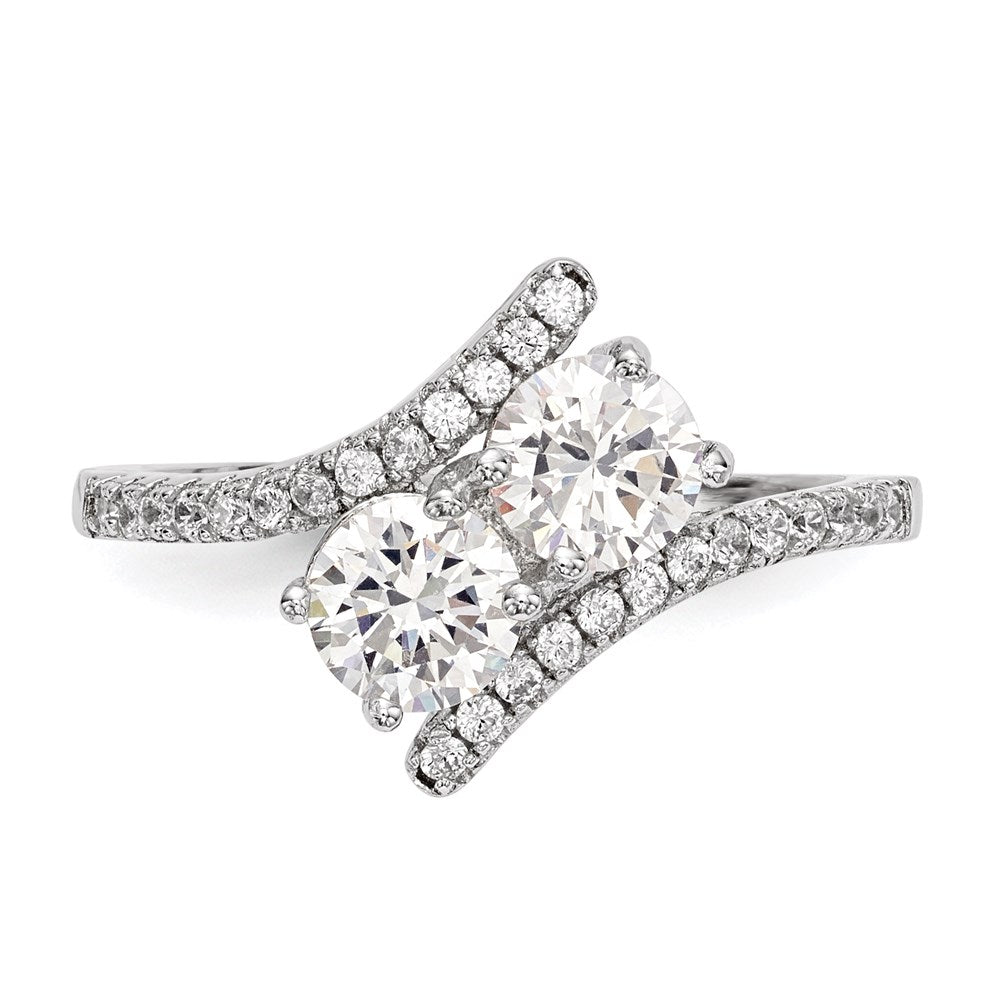 Sterling Silver Rhodium Plated Cz Two Stone Polished Bypass Ring