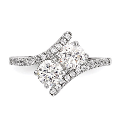 Sterling Silver Rhodium Plated Cz Two Stone Polished Bypass Ring