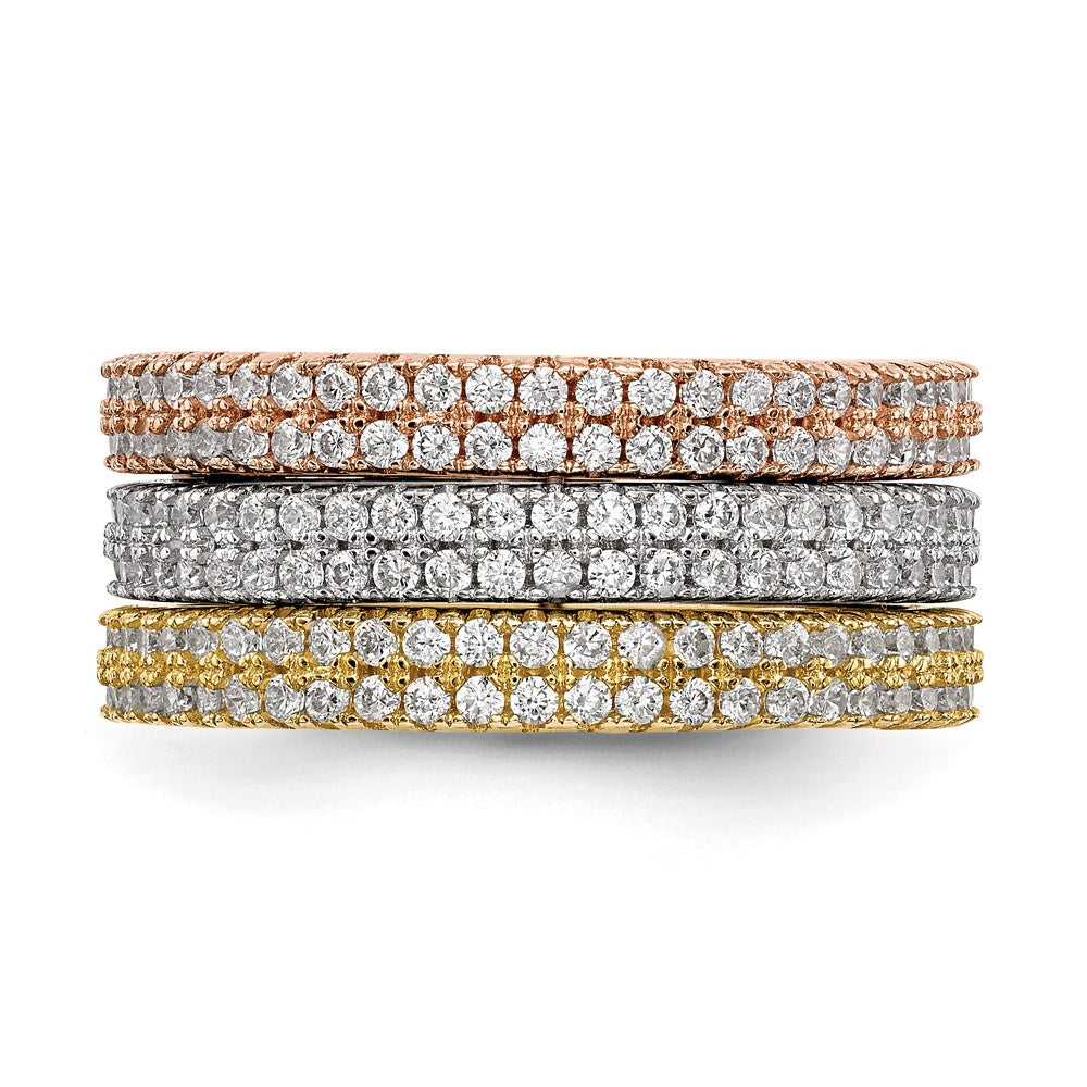 Sterling Silver White Yellow & Rose Tone Set Of 3 Cz Eternity Rings