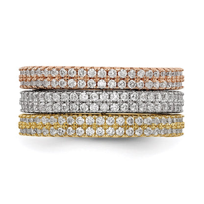 Sterling Silver White Yellow & Rose Tone Set Of 3 Cz Eternity Rings