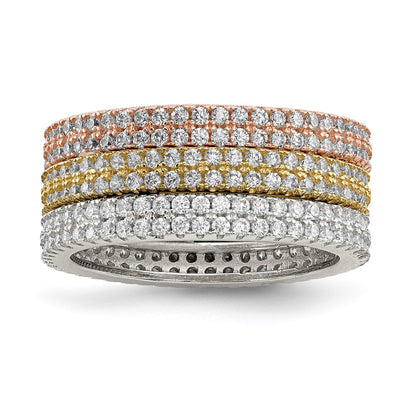 Sterling Silver White Yellow & Rose Tone Set Of 3 Cz Eternity Rings