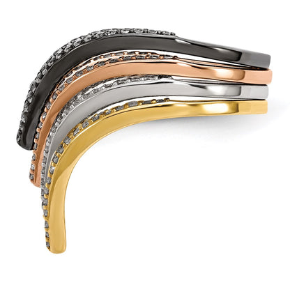 Sterling Silver Rhodium & Black Plate, Gold Rose Tone Cz 4 Ring Set