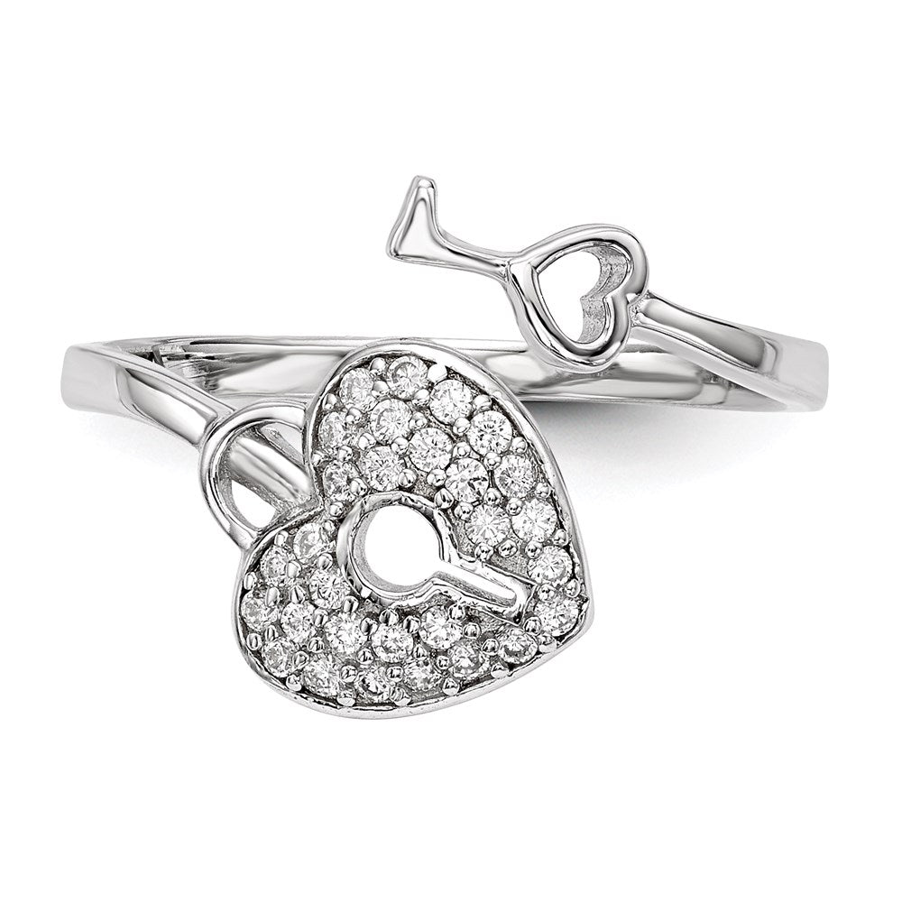 Sterling Silver Rhodium Plated Cz Heart Lock And Key Ring