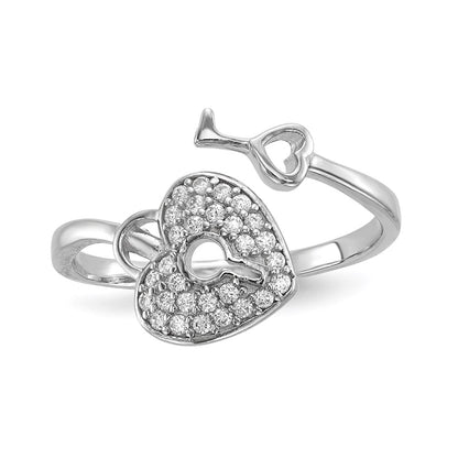 Sterling Silver Rhodium Plated Cz Heart Lock And Key Ring