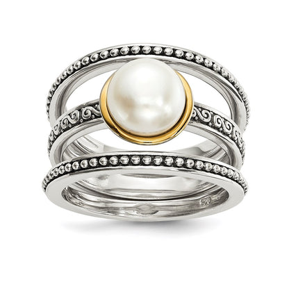 Silver/14K Two Tone Sterling Silver 14K Antiqued 8mm Button Fwc Pearl Set Of 3 Rings