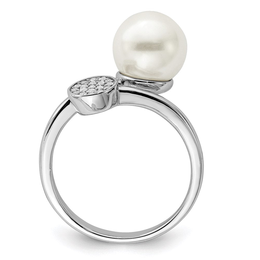 Sterling Silver Rhodium Plated Polished With Cz And Acrylic Pearl Ring