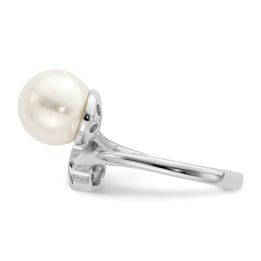 Sterling Silver Rhodium Plated Polished With Cz And Acrylic Pearl Ring