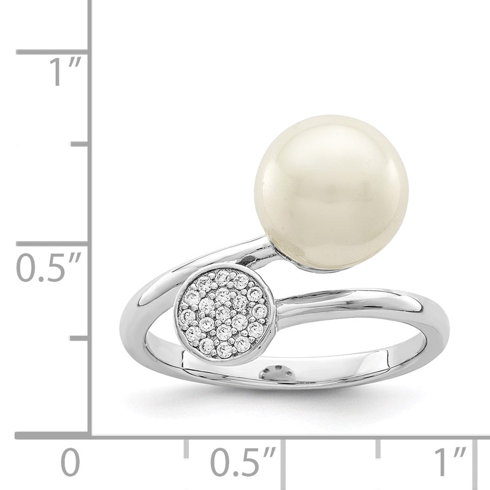Sterling Silver Rhodium Plated Polished With Cz And Acrylic Pearl Ring