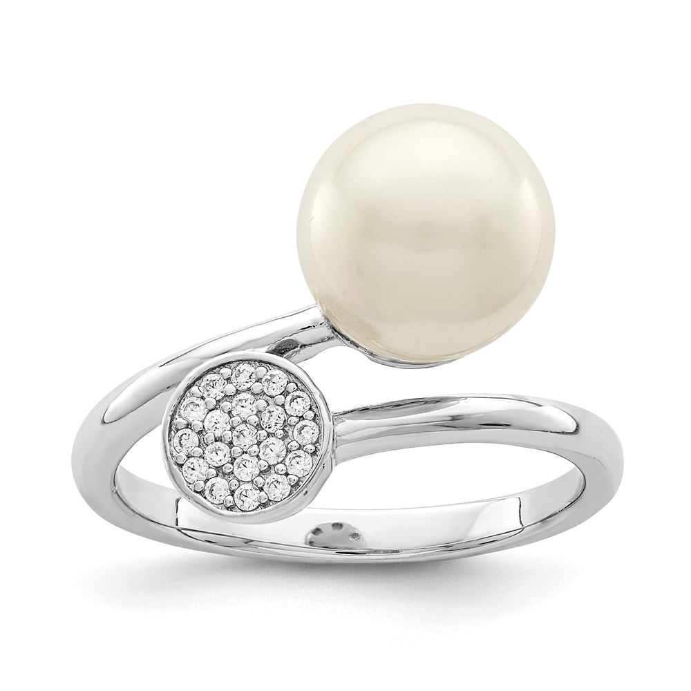 Sterling Silver Rhodium Plated Polished With Cz And Acrylic Pearl Ring