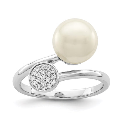 Sterling Silver Rhodium Plated Polished With Cz And Acrylic Pearl Ring