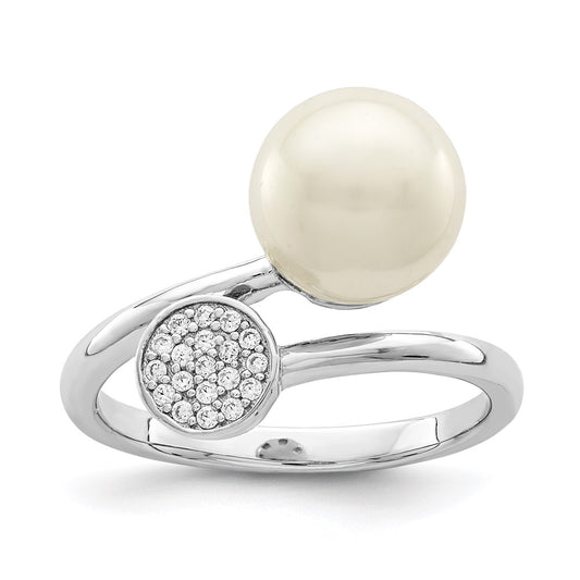 Sterling Silver Rhodium Plated Polished With Cz And Acrylic Pearl Ring