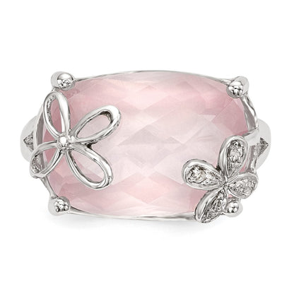 Sterling Silver Rhodium Plated Rose Quartz/White Sapphire Ring