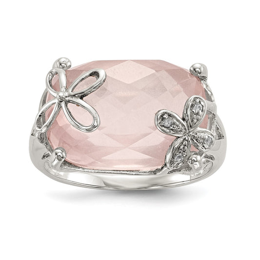 Sterling Silver Rhodium Plated Rose Quartz/White Sapphire Ring