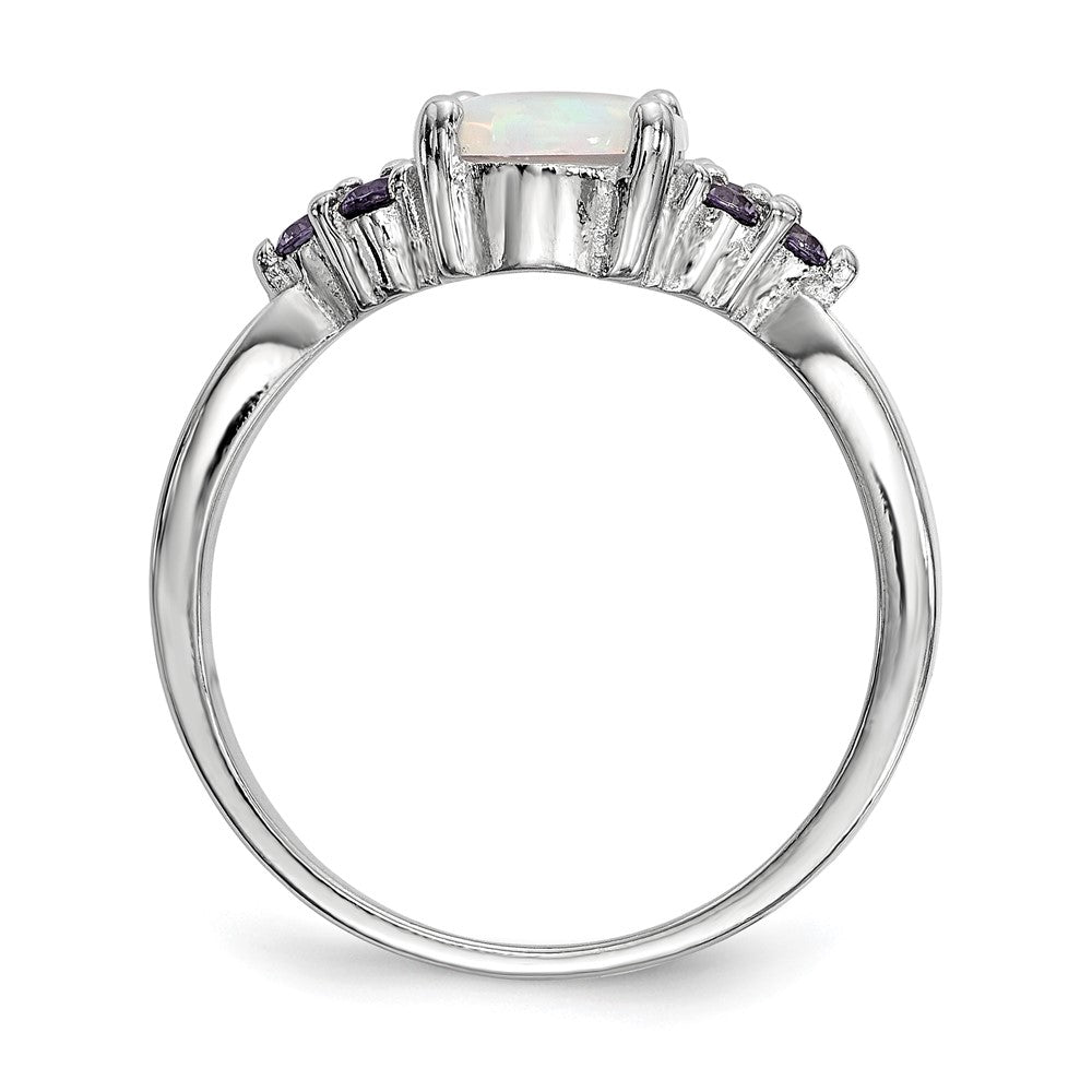 Sterling Silver Rhodium Plated Oval Created Opal Purple Cz Ring