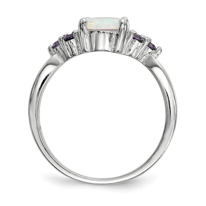 Sterling Silver Rhodium Plated Oval Created Opal Purple Cz Ring