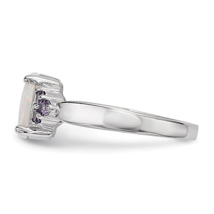 Sterling Silver Rhodium Plated Oval Created Opal Purple Cz Ring