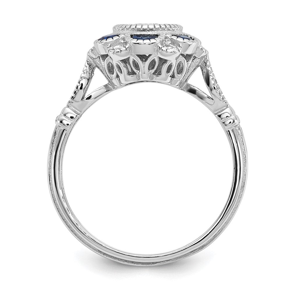 Sterling Silver Rhodium Plated Cz And Lab Cr. Blue Sapphire Flower Ring