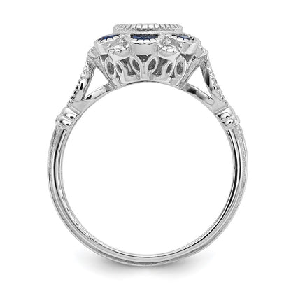Sterling Silver Rhodium Plated Cz And Lab Cr. Blue Sapphire Flower Ring