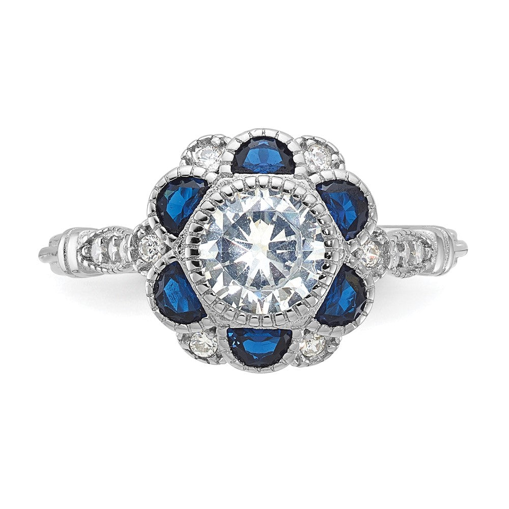 Sterling Silver Rhodium Plated Cz And Lab Cr. Blue Sapphire Flower Ring