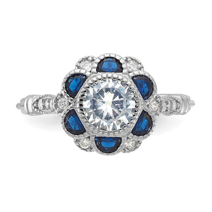Sterling Silver Rhodium Plated Cz And Lab Cr. Blue Sapphire Flower Ring