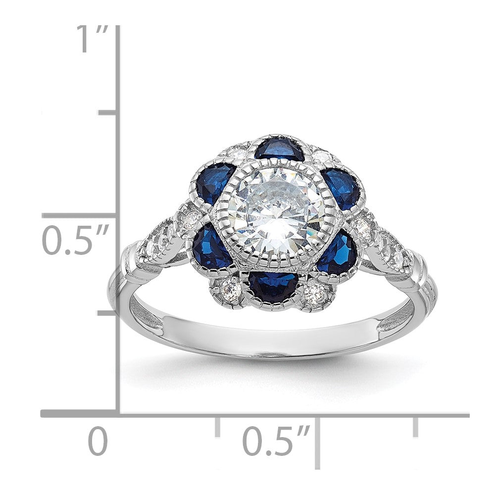 Sterling Silver Rhodium Plated Cz And Lab Cr. Blue Sapphire Flower Ring