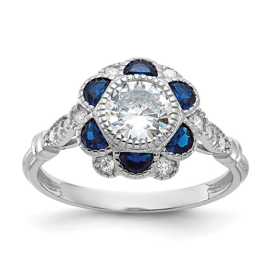 Sterling Silver Rhodium Plated Cz And Lab Cr. Blue Sapphire Flower Ring
