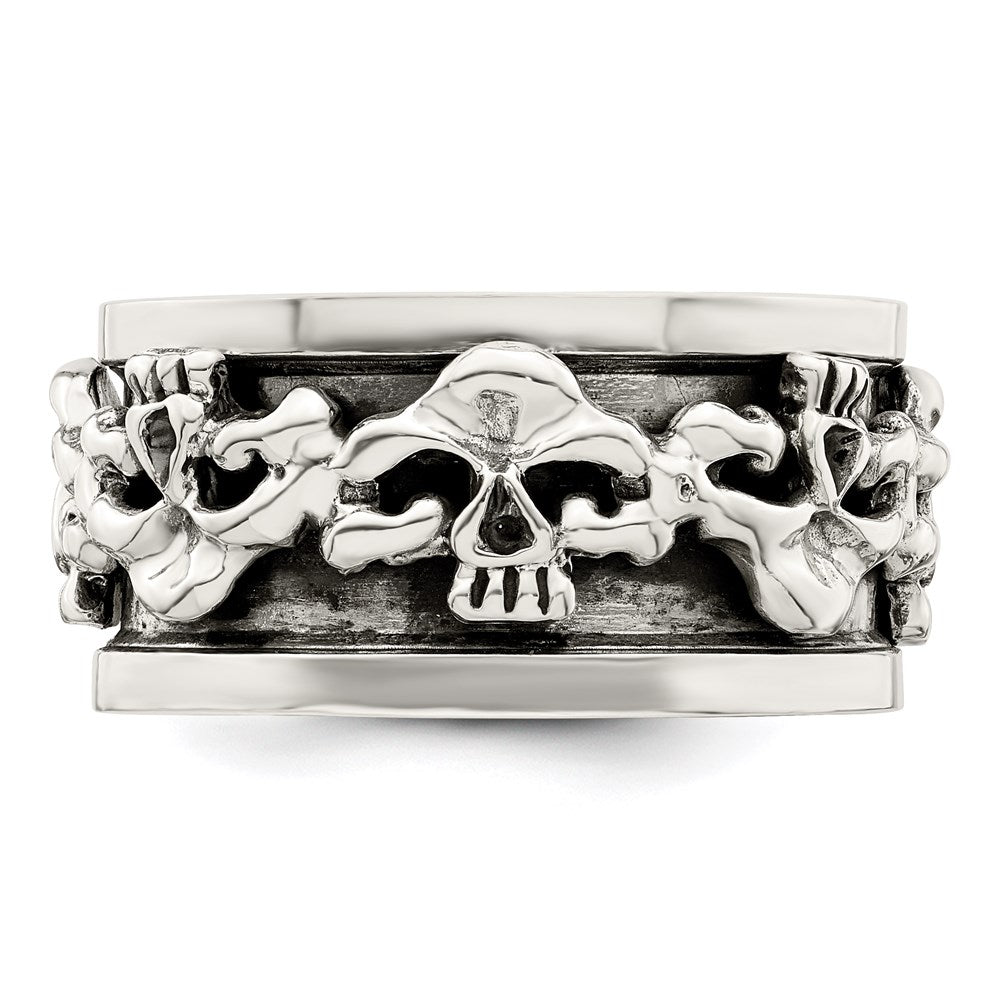 Sterling Silver Polished Spinning Center Antiqued Skull Ring