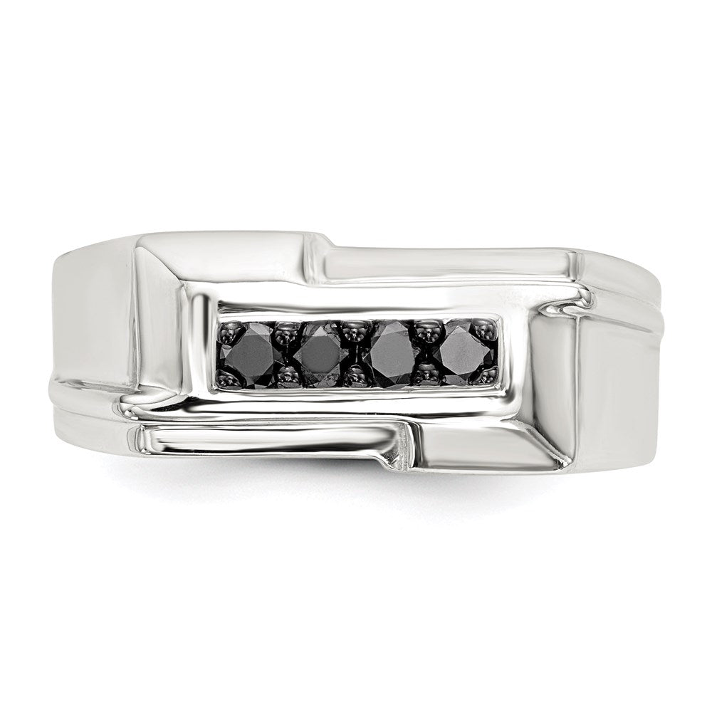 Sterling Silver Rhodium Plated Mens Black Diamond Polished Ring