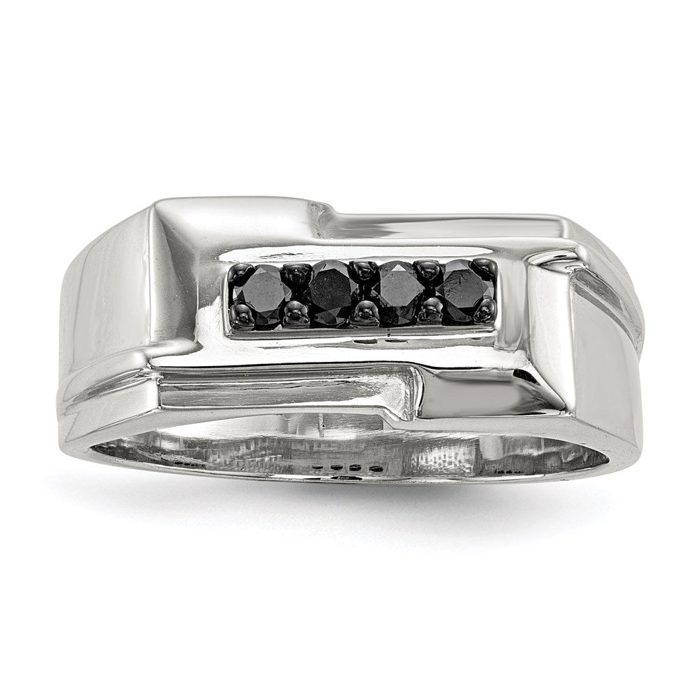 Sterling Silver Rhodium Plated Mens Black Diamond Polished Ring