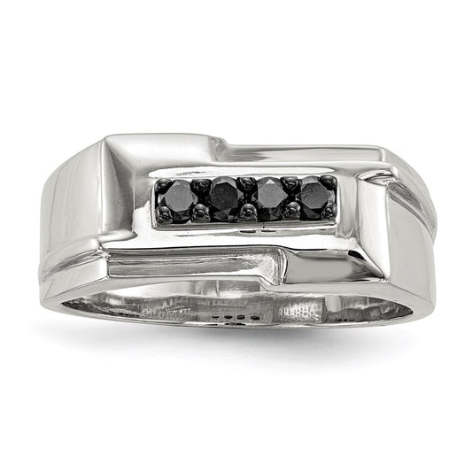 Sterling Silver Rhodium Plated Mens Black Diamond Polished Ring