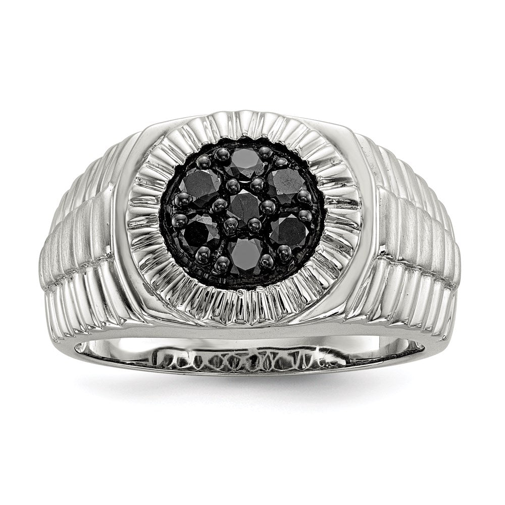 Sterling Silver Rhod Plated Mens Black Diamond Polished/Satin Ring
