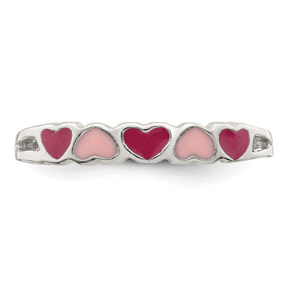 Sterling Silver Rhodium Plated Children'S Enameled Hearts Ring