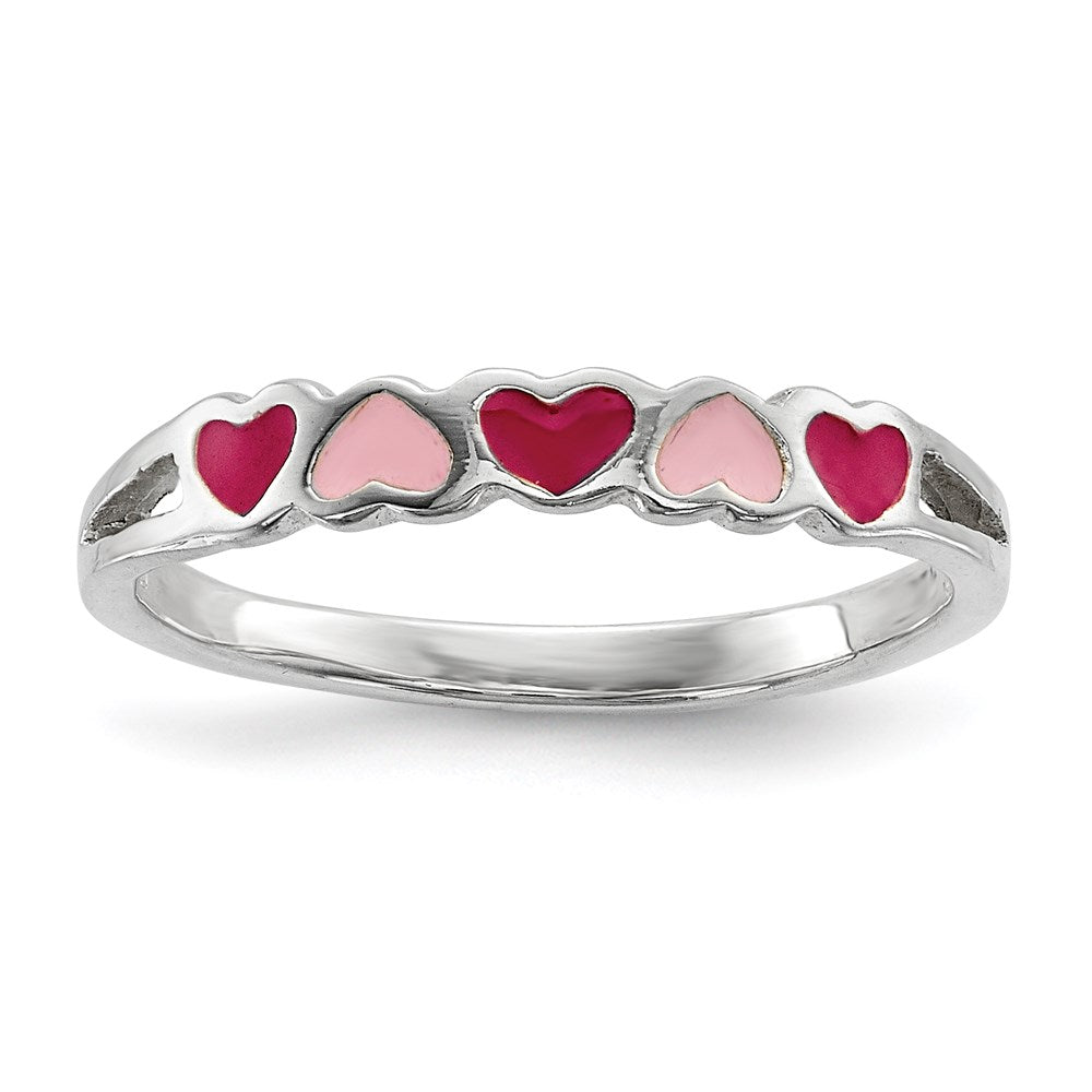 Sterling Silver Rhodium Plated Children'S Enameled Hearts Ring
